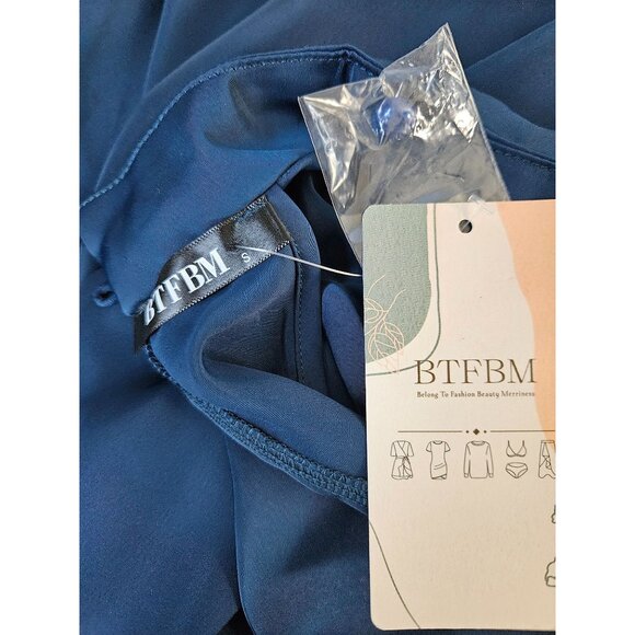 Elegant Womens Navy Satin Halter Neck Midi Dress Keyhole Pearl Size S Wedding - Picture 10 of 12